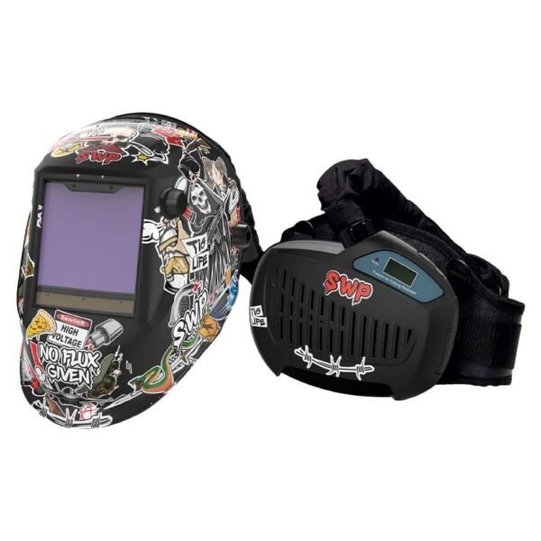 Stylish welding helmet with protective ear muffs.