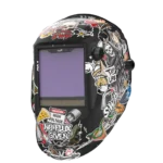 Stylish welding helmet with vibrant graphic designs.