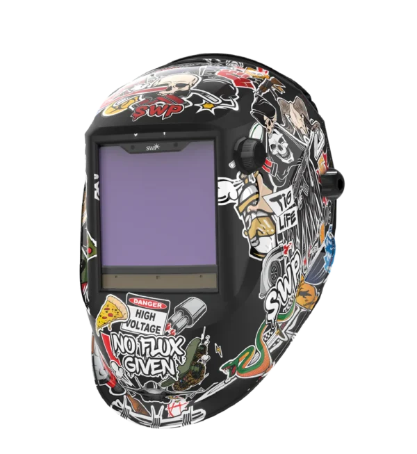 Stylish welding helmet with vibrant graphic designs.
