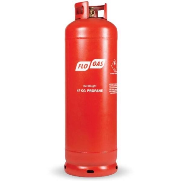 Red propane gas cylinder, 47 kg capacity.