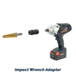 Cordless impact wrench with drill bits and coupler.