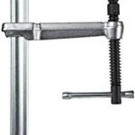 Heavy-duty metal clamp for holding objects securely.