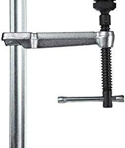 Heavy-duty metal clamp for holding objects securely.