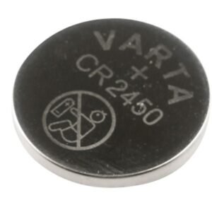 VARTA CR2450 coin cell battery, labeled safety symbol.