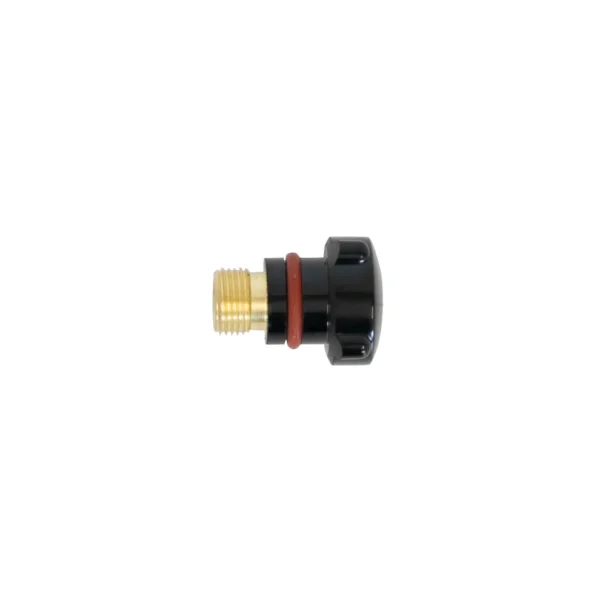 Black connector with gold threading and rubber seal