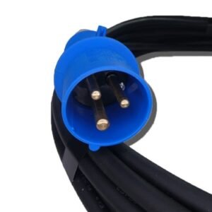 Close-up of a blue electrical plug and cord.
