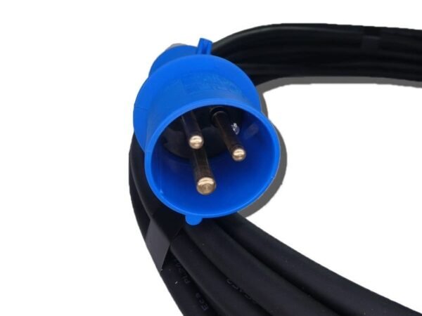 Close-up of a blue electrical plug and cord.