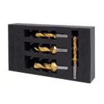 Collection of gold drill bits in foam holder.