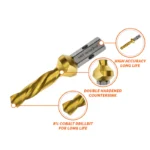 Cobalt drill bit with countersink for durability.