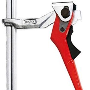 Adjustable clamp tool with red handle.