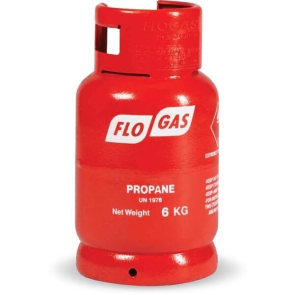 Red propane gas cylinder labeled FloGas.