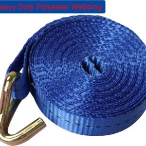 Coiled blue heavy-duty polyester webbing strap.