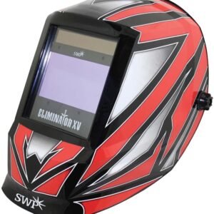 Red and black welding helmet with adjustable visor