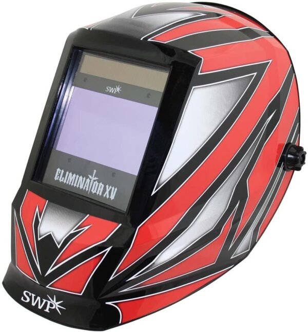 Red and black welding helmet with adjustable visor