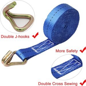 Blue strap with double J-hooks for secure fastening.