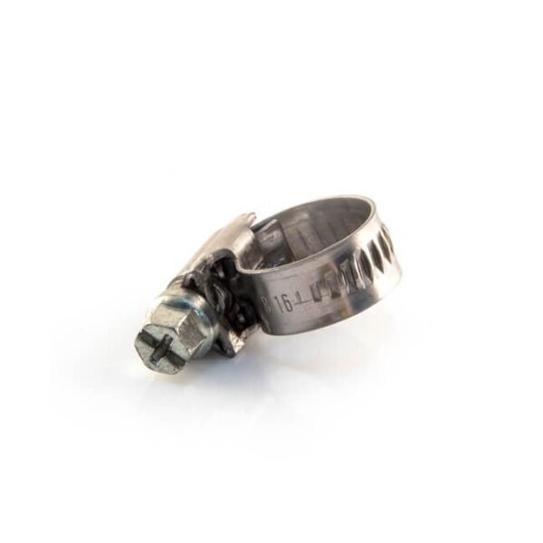 Metal hose clamp with screw mechanism.