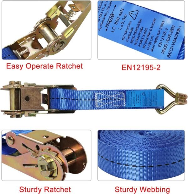 Durable blue ratchet strap with easy operation features.