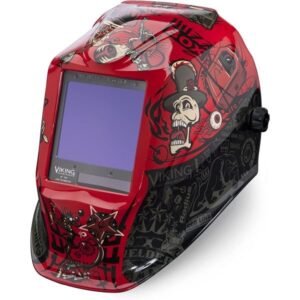 Viking welding helmet with colorful graphic designs.