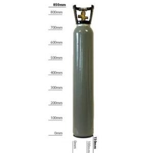 Gray gas cylinder with measurement markers.