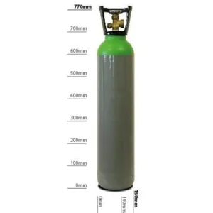Green and gray gas cylinder with measurement markings