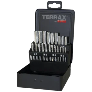 Set of tap tools in a storage case.