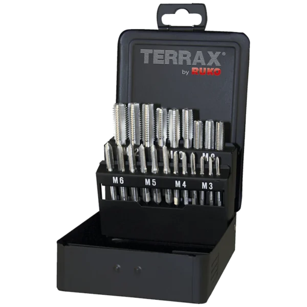 Set of tap tools in a storage case.