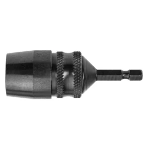 Close-up of a black drill chuck tool.