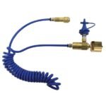 Blue coiled air hose with brass fittings