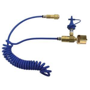 Blue coiled air hose with brass fittings