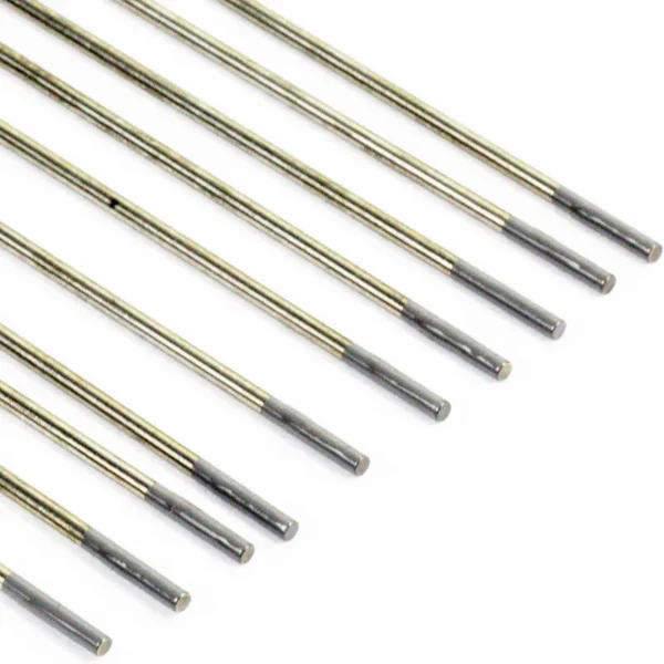 Set of metal welding rods arranged in parallel.