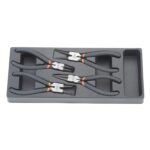Set of four pliers in storage tray.