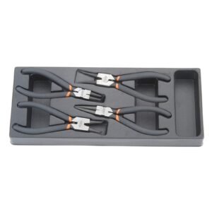 Set of four pliers in storage tray.