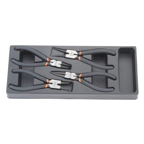 Set of four pliers in storage tray.