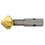 Metal drill bit with a golden tip.