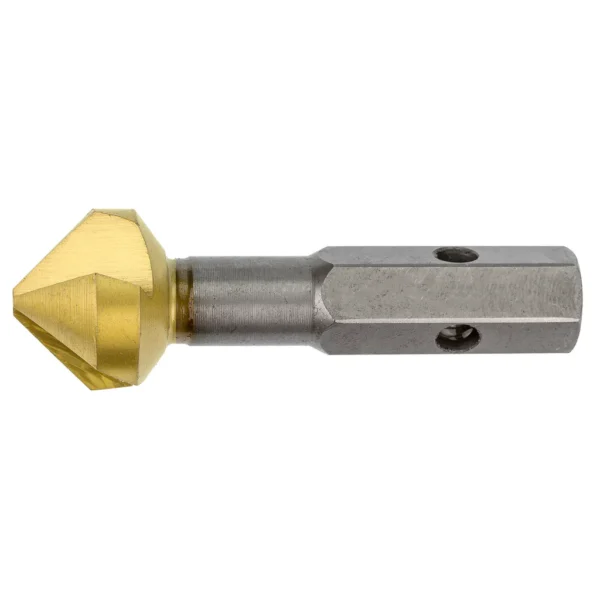 Metal drill bit with a golden tip.