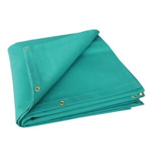 Folded turquoise tarpaulin with grommets