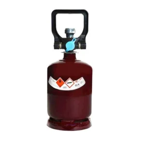 Red gas cylinder with safety label and handle.