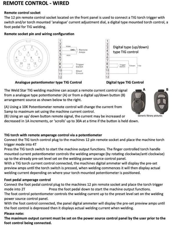Wired remote control instructions for TIG welding machine.