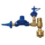 Blue and brass valve assembly for fluid control.