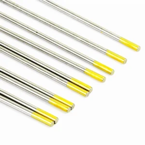 Eight silver rods with yellow tips arranged neatly.