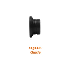 Side view of a black guide component.