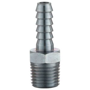 Metal hose fitting with threaded end.