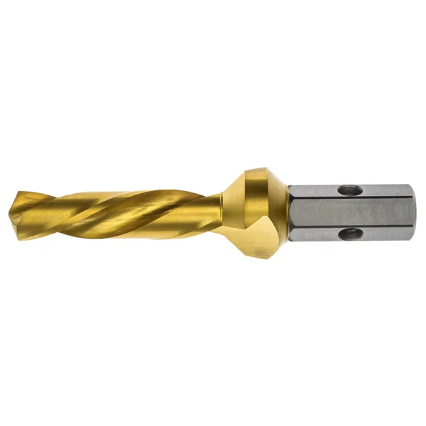 Gold-coated drill bit with a hexagonal shank.