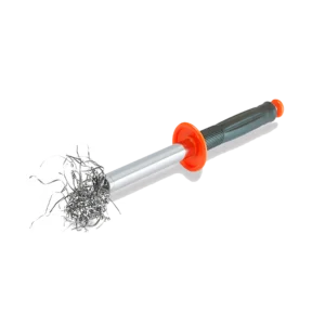 Wire brush with orange handle and metal bristles.