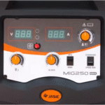 MIG250 welding machine control panel with digital displays.