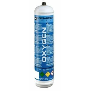 Oxygen gas cylinder with safety labels.
