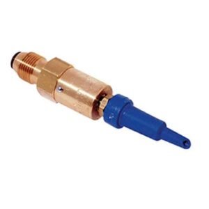 Brass valve with blue nozzle for machinery.