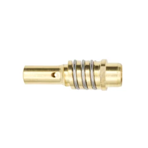 Brass component with grooves and openings.