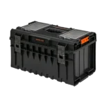 Black toolbox with transparent compartments on top.