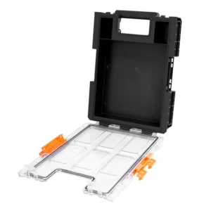Open black storage case with orange clips.